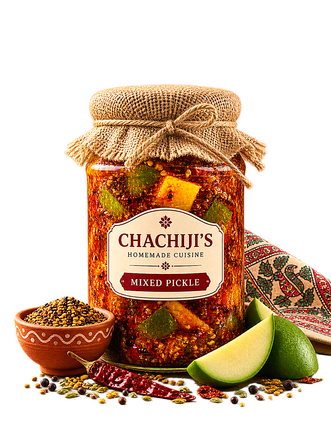Traditional homemade mixed pickle jar with jute rope cover