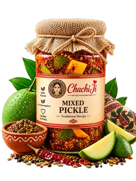 Traditional homemade mixed pickle jar with jute rope cover