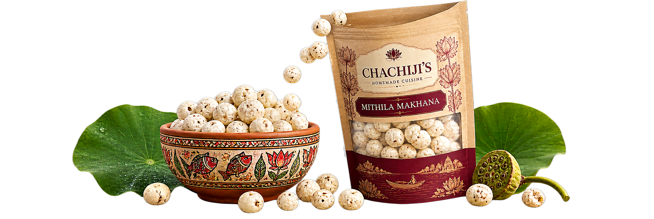 Chachiji Mithila Makhana with craft pouch and lotus leaves