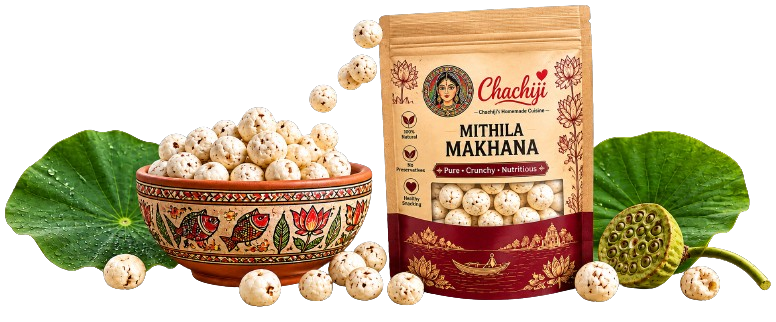 Chachiji Mithila Makhana with craft pouch and lotus leaves