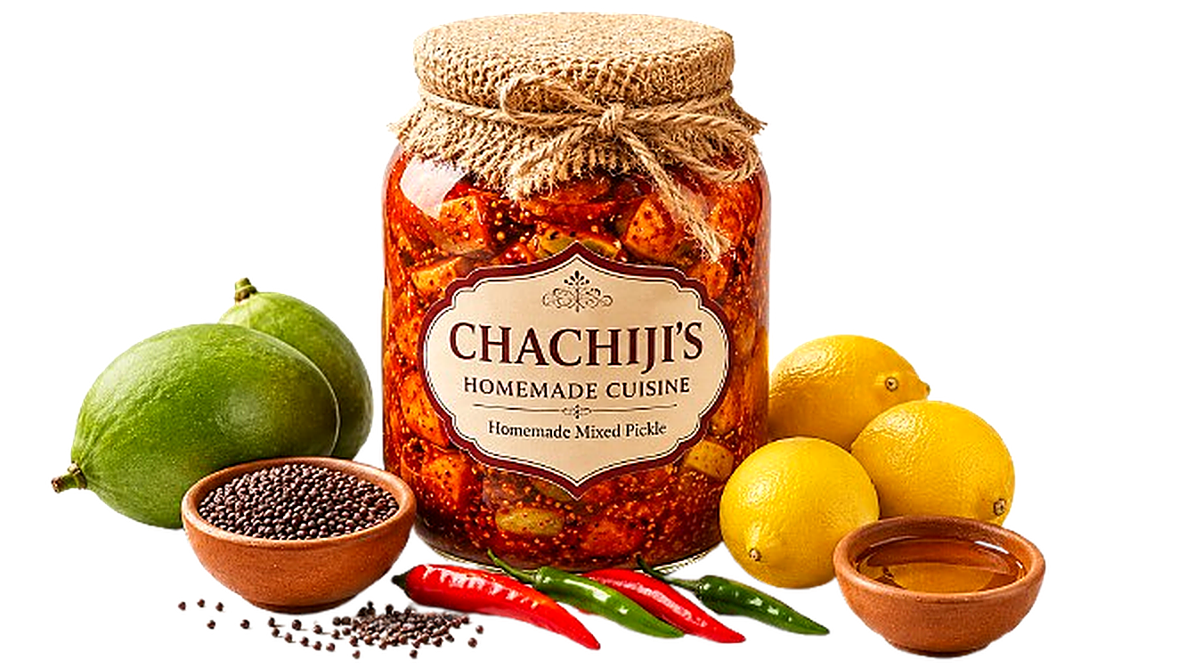 Chachiji's Homemade Mixed Pickle Jar with fresh mangoes, chillies and mustard oil