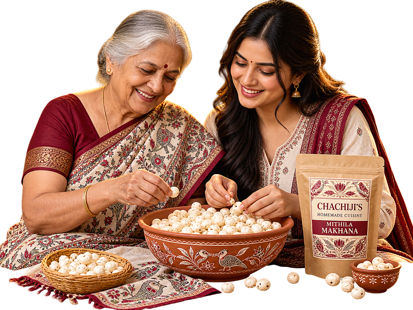 Traditional family moments enjoying Mithila Makhana